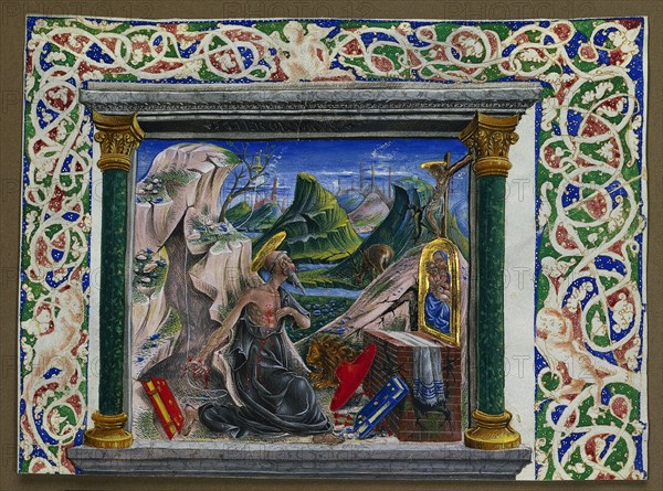 Miniature Excised from a Manuscript: St. Jerome in the Wilderness, c. 1500. Italy, Ferrara, 16th century. Tempera and gold on parchment; sheet: 18 x 23 cm (7 1/16 x 9 1/16 in.)