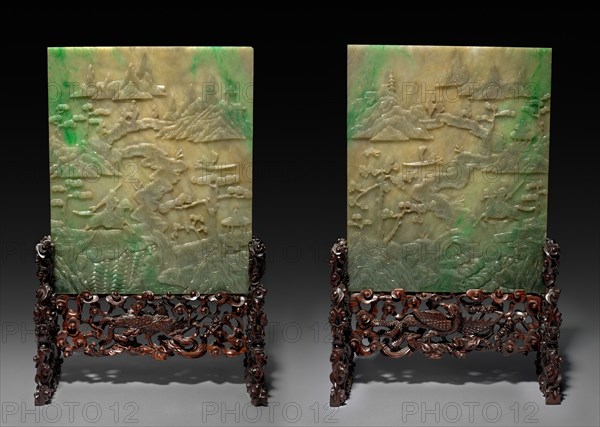 Pair of Table Screens with Stands, 1644-1912. China, Qing dynasty (1644-1911). Jade; overall: 29.8 x 24.4 cm (11 3/4 x 9 5/8 in.); stand: 18.9 x 27.4 x 13 cm (7 7/16 x 10 13/16 x 5 1/8 in.).