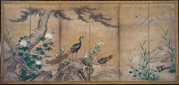 Birds, Trees, and Flowers, late 1500s. Attributed to Kano Shoei (Japanese, 1519-1592). Six-panel folding screen, ink, color, and gold on paper; image: 155.9 x 339.4 cm (61 3/8 x 133 5/8 in.); overall: 168.5 x 352.2 cm (66 5/16 x 138 11/16 in.); closed: 172.5 x 61 x 11.3 cm (67 15/16 x 24 x 4 7/16 in.); with frame: 171.7 x 355.4 cm (67 5/8 x 139 15/16 in.).