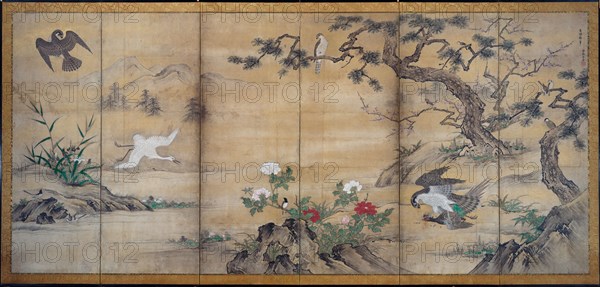 Birds, Trees, and Flowers, late 1500s. Attributed to Kano Mitsunobu (Japanese, 1565-1608). Six-panel folding screen, ink, color, and gold on paper; image: 155.9 x 339.4 cm (61 3/8 x 133 5/8 in.); overall: 168.5 x 352.2 cm (66 5/16 x 138 11/16 in.); closed: 172.5 x 61 x 11.3 cm (67 15/16 x 24 x 4 7/16 in.); panel: 168.5 x 58.7 cm (66 5/16 x 23 1/8 in.); with frame: 171.7 x 355.4 cm (67 5/8 x 139 15/16 in.).