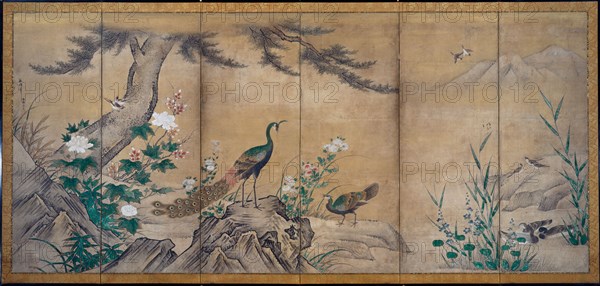 Birds, Trees, and Flowers, late 1500s. Kano Mitsunobu (Japanese, 1565-1608), Kano Shoei (Japanese, 1519-1592). Pair of six-fold screens; ink, color, and gold on paper; image: 155.5 x 340 cm (61 1/4 x 133 7/8 in.).