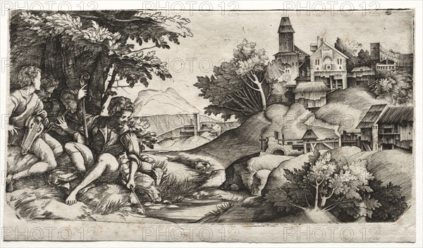Shepherds in a Landscape, c. 1517. Giulio Campagnola (Italian, 1482-1515), and Domenico Campagnola (Italian, 1500-1564). Engraving