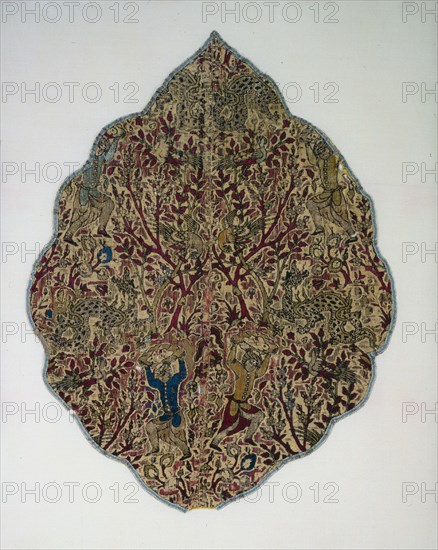 Tent panel of a dragon slayer, 1550-1599. Iran, Kashan, Safavid period. Velvet, cut, voided, brocaded, and pile-warp substitution: silk and gilt-metal strips; overall: 69.9 x 54.6 cm (27 1/2 x 21 1/2 in.)