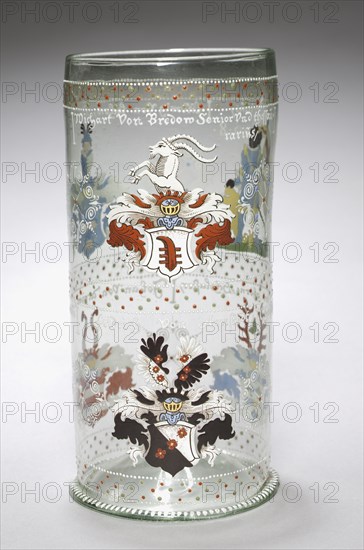 Beaker (Humpen), 1568. Germany, probably Bohemia, 16th century. Enameled glass; overall: 26.1 x 11.8 cm (10 1/4 x 4 5/8 in.).