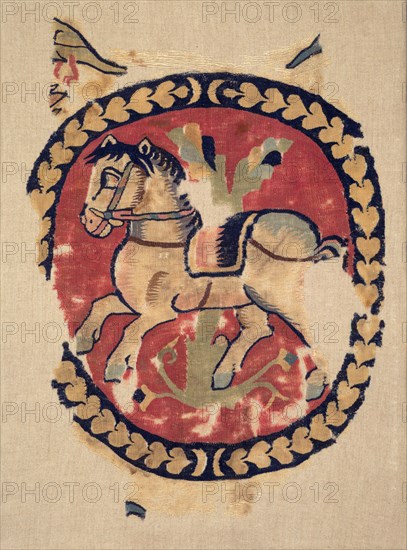 Curtain Fragment with Galloping Horse, 500s. Egypt, Antinoë, Byzantine period, 6th century. Plain weave (tabby) with inwoven slit-tapestry weave; wool ; overall: 41.9 x 30.5 cm (16 1/2 x 12 in.).