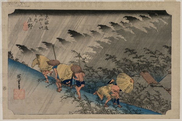 Driving Rain at Shono (Station 46) from the series Fifty-Three Stations of the Tokaido, 1833. Ando Hiroshige (Japanese, 1797-1858). Color woodblock print; sheet: 38 x 25.4 cm (14 15/16 x 10 in.).