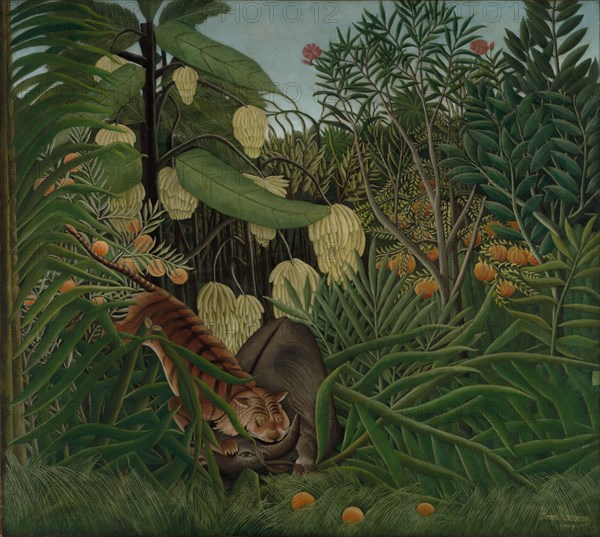 Fight between a Tiger and a Buffalo, 1908. Henri Rousseau (French, 1844-1910). Oil on fabric; framed: 183 x 203 x 4.5 cm (72 1/16 x 79 15/16 x 1 3/4 in.); unframed: 170 x 189.5 cm (66 15/16 x 74 5/8 in.).