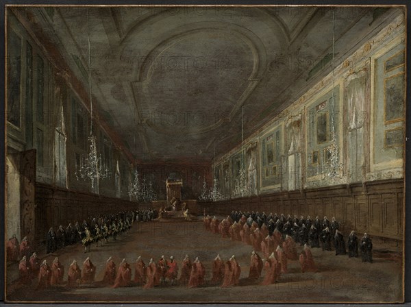 Pope Pius VI Descending the Throne to Take Leave of the Doge in the Hall of SS. Giovanni e Paolo, 1782 and Pontifical Ceremony in SS. Giovanni e Paolo, Venice, 1782 (pair), c. 1783. Francesco Guardi (Italian, 1712-1793). Oil on canvas; framed: 69.2 x 86.4 x 10.2 cm (27 1/4 x 34 x 4 in.); unframed: 51.4 x 68.8 cm (20 1/4 x 27 1/16 in.).