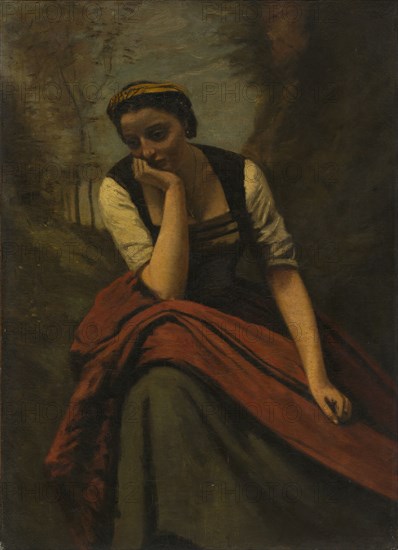 Woman Meditating, after 1868. Copy after Jean Baptiste Camille Corot (French, 1796-1875). Oil on fabric; unframed: 59.4 x 42.9 cm (23 3/8 x 16 7/8 in.)