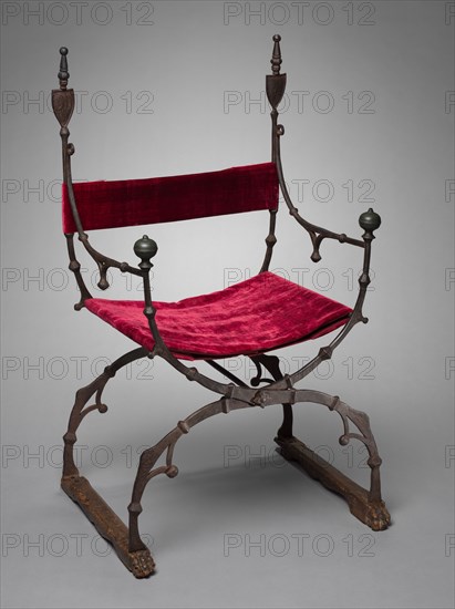 Curule (Folding) Chair, c. 1450-1500. Italy, Florence?, 15th century. Forged iron; overall: 106.7 x 63.5 x 54.6 cm (42 x 25 x 21 1/2 in.)