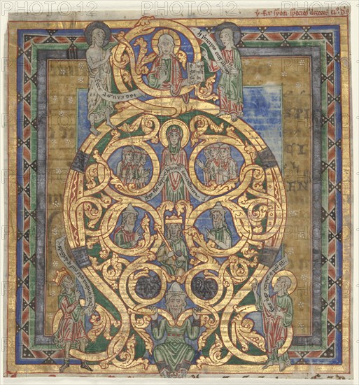 Cutting from an Antiphonary:  Initial A[spiciens a longe]: The Tree of Jesse, c. 1115-1125. Germany, Meuse Valley, 12th century. Ink, tempera, and gold on vellum; sheet: 18 x 16 cm (7 1/16 x 6 5/16 in.).