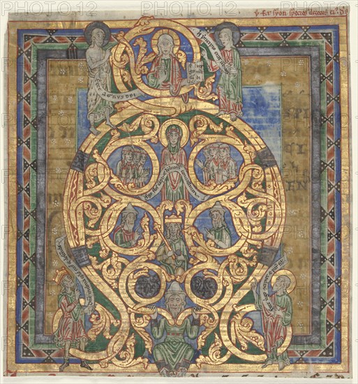 Cutting from an Antiphonary:  Initial A[spiciens a longe]: The Tree of Jesse, c. 1115-1125. Germany, Meuse Valley, 12th century. Ink, tempera, and gold on vellum; sheet: 18 x 16 cm (7 1/16 x 6 5/16 in.).