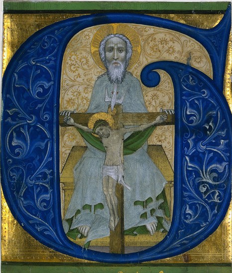 Cutting from an Antiphonary:  Initial G[loria tibi Trinitas]: The Trinity, c. 1410. Bohemia, Prague, early 15th Century. Ink, tempera, and gold on parchment; sheet: 13 x 11 cm (5 1/8 x 4 5/16 in.)