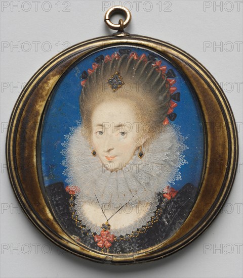 Portrait of Lucy Russell, Countess of Bedford, née Harrington, 1612. Studio of Isaac Oliver (French, c. 1565-1617). Watercolor on vellum with gold and silver in original stained ivory case; unframed: 5.3 x 4.2 cm (2 1/16 x 1 5/8 in.); diameter of frame: 5.9 cm (2 5/16 in.).