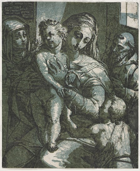 Virgin and Child with St. John, St. Catherine of Siena and Saint Francis, 1585. Andrea Andreani (Italian, about 1558–1610), after Jacopo Ligozzi (Italian, 1547-1626). Chiaroscuro woodcut