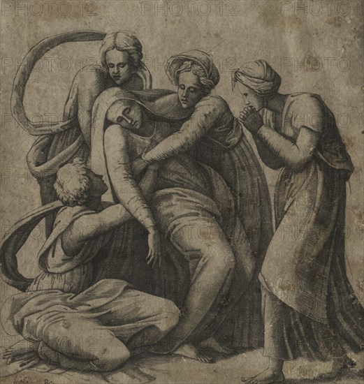 The Virgin Fainting in the Arms of Three Holy Women. Giulio Bonasone (Italian, c. 1510-aft 1576), after Raphael (Italian, 1483-1520). Engraving