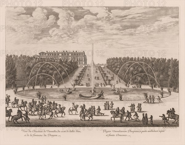 Vue du Château de Versailles, du côté de l'allée et de la fontaine du Dragon, 1676. Israël Silvestre (French, 1621-1691). Engraving