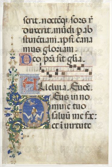 Leaf from a Gradual: Initial (D) with John the Baptist, Late 1450s. Attributed to Francesco d'Antonio del Cherico (Italian, 1433-1484). Ink, tempera, and gold on vellum; sheet: 55.1 x 36.6 cm (21 11/16 x 14 7/16 in.)