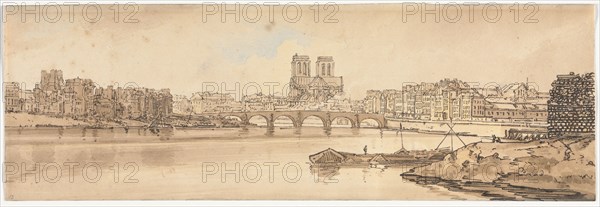 A Selection of Twenty of the Most Picturesque Views in Paris:  View of Pont de la Tournelle and Notre Dame taken from the Arsenal, 1802. Thomas Girtin (British, 1775-1802). Soft-ground etching with bistre wash