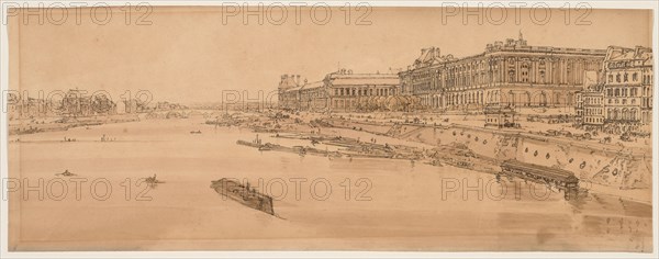 A Selection of Twenty of the Most Picturesque Views in Paris:  View of the Louvre and Bridge of the Tuilleries taken from Pont Neuf, 1802. Thomas Girtin (British, 1775-1802). Soft-ground etching with bistre wash