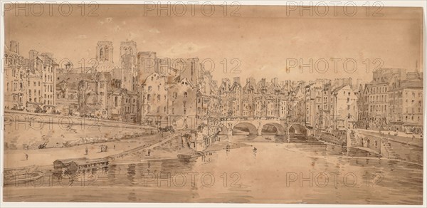 A Selection of Twenty of the Most Picturesque Views in Paris:  View of Pont St. Michel, taken from Pont Neuf, 1802. Thomas Girtin (British, 1775-1802). Soft-ground etching with bistre wash
