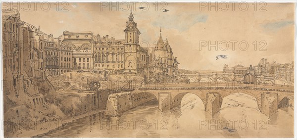 A Selection of Twenty of the Most Picturesque Views in Paris:  View of Pont au Change, the City Theatre, Pont Neuf, Conciergerie Prison, and taken from Pont Notre Dame, 1802. Thomas Girtin (British, 1775-1802). Soft-ground etching with bistre wash