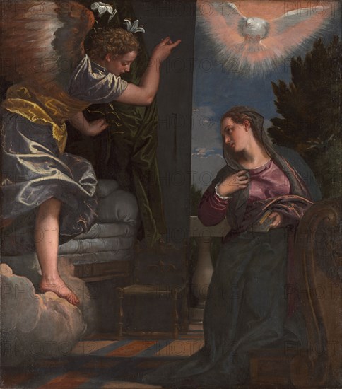 The Annunciation, c. 1580. Paolo Veronese (Italian, 1528-1588), and Workshop. Oil on canvas; framed: 176 x 159.5 x 9.5 cm (69 5/16 x 62 13/16 x 3 3/4 in.); unframed: 150 x 133.4 cm (59 1/16 x 52 1/2 in.).