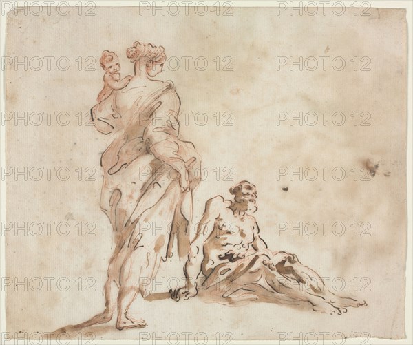 A Standing Woman Holding a Child, a Seated Male at her Feet, first half 18th century?. Alessandro Magnasco (Italian, 1667-1749). Pen and brown ink with brush and brown wash over red chalk; sheet: 19.2 x 22.9 cm (7 9/16 x 9 in.).