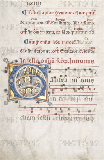 Leaf from a Gradual:  Initial (G) with Christ, the Virgin, and Apostles, c. 1300. Italy, Siena (?). Ink, tempera, and gold on vellum; sheet: 55.7 x 37.9 cm (21 15/16 x 14 15/16 in.).