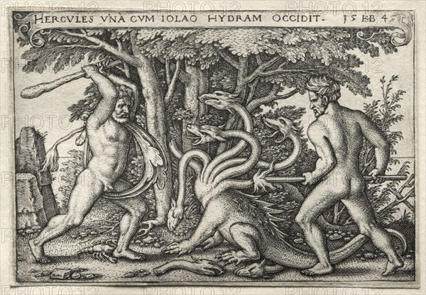 The Labors of Hercules: Hercules Killing the Lernean Hydra, 1545. Hans Sebald Beham (German, 1500-1550). Engraving