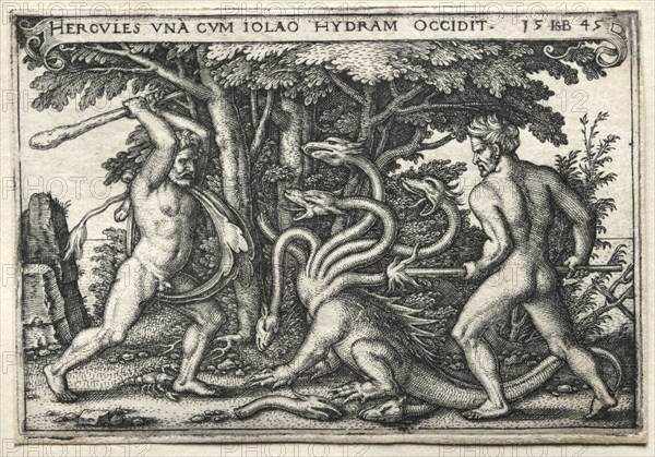 The Labors of Hercules:  Hercules Killing the Lernean Hydra, 1545. Hans Sebald Beham (German, 1500-1550). Engraving
