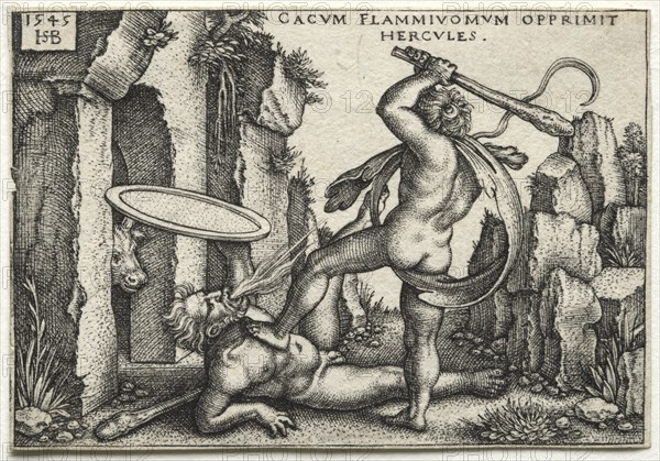 The Labors of Hercules:  Hercules Killing the Giant Cacus, 1545. Hans Sebald Beham (German, 1500-1550). Engraving