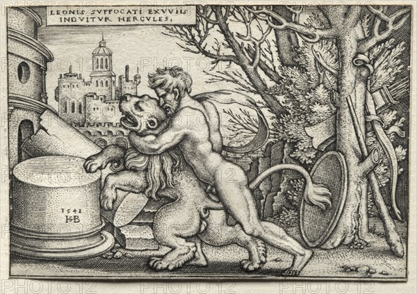 The Labors of Hercules: Hercules Strangling the Nemean Lion, 1548. Hans Sebald Beham (German, 1500-1550). Engraving