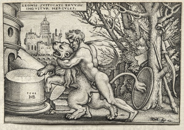 The Labors of Hercules:  Hercules Strangling the Nemean Lion, 1548. Hans Sebald Beham (German, 1500-1550). Engraving