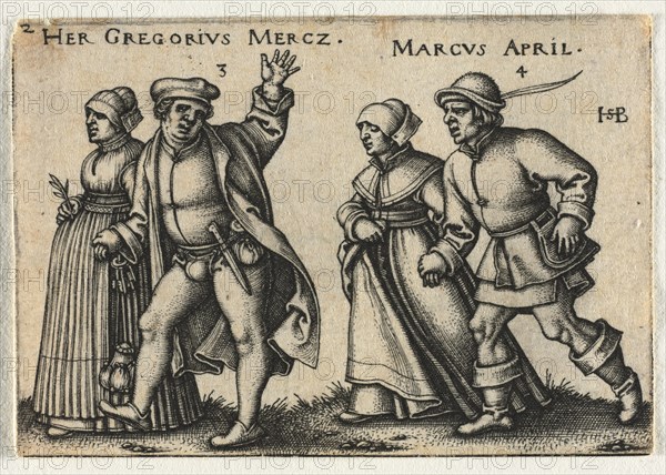 The Peasant Wedding or the Twelve Months:  3-Her Gregorius Mercz 4-Marcus April, 1546. Hans Sebald Beham (German, 1500-1550). Engraving