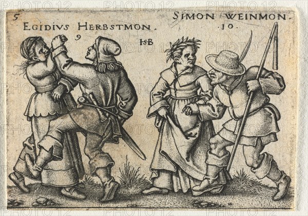 The Peasant Wedding or the Twelve Months:  9-Egidius Herbstmon 10-Simon Weinmon, 1546. Hans Sebald Beham (German, 1500-1550). Engraving