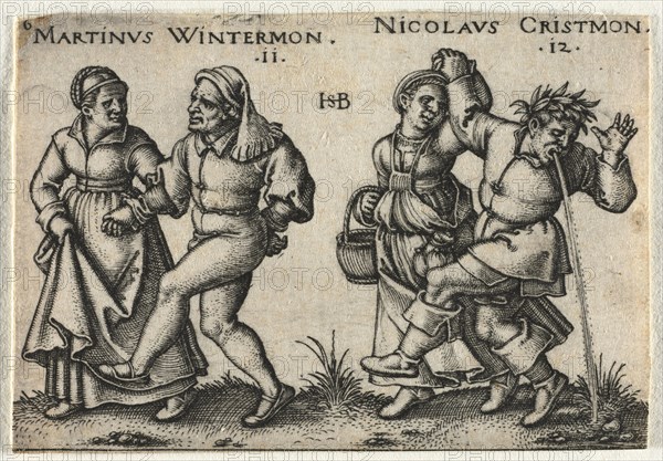 The Peasant Wedding or the Twelve Months:  11-Martinus Wintermon 12-Nicolaus Cristmon, 1546. Hans Sebald Beham (German, 1500-1550). Engraving