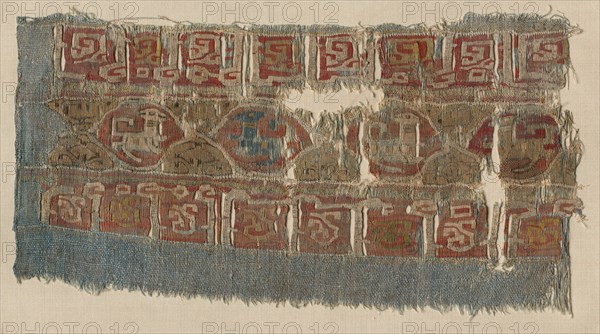 Fragment of a Tiraz-Style Textile, 1081 - 1094. Egypt, Fatimid period, latter part of Caliphate of al-Mustansir, c. AH 475-487 (A.D. 1081-1094). Tabby ground with inwoven tapestry ornament; linen and silk; overall: 14 x 26.4 cm (5 1/2 x 10 3/8 in.)