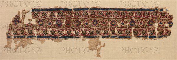Fragment of a Tiraz-Style Textile, 1081 - 1101. Egypt, Fatimid period, Caliphate of al-Mustansir or al-Musta'li, c. AH 475-495 (A.D. 1081-1101). Tabby ground with inwoven tapestry ornament; linen and silk; overall: 9.3 x 29.9 cm (3 11/16 x 11 3/4 in.).