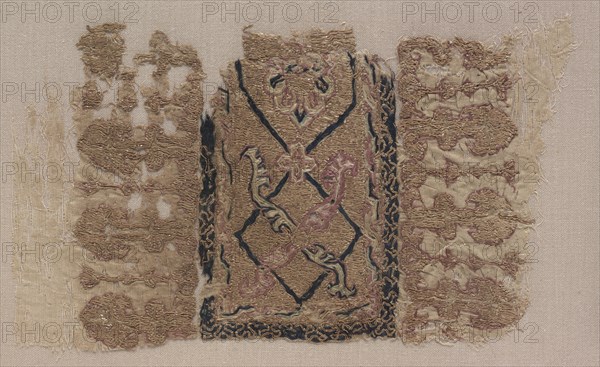 Fragment of an Embroidery, 1100s. Iran or Iraq, Seljuk period, 12th century A.D.. Embroidery in silk and gold filé on mulham tabby ground; overall: 14.6 x 8 cm (5 3/4 x 3 1/8 in.)