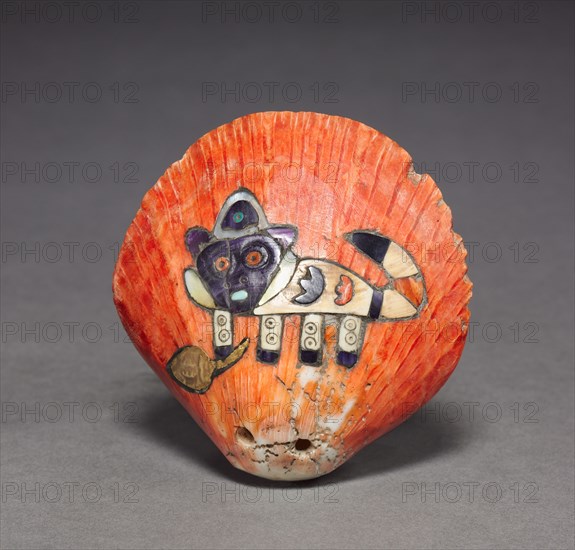 Shell with Inlaid Feline, 100 BC-700. Peru, South Coast, Nasca style (100 BC-AD 700). Spondylus shell with shell, stone, and gold inlay; overall: 7.5 x 7.4 cm (2 15/16 x 2 15/16 in.).