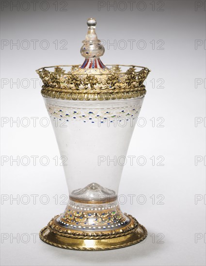 Covered Beaker, 1490s. Italy, Venice, late 15th century. Glass, enameled and gilded, gilt-silver mounts; diameter: 23.5 x 10.2 cm (9 1/4 x 4 in.).