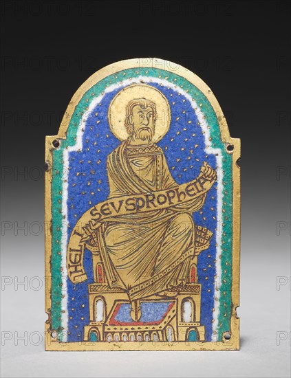 Plaque with Seated Prophet from a Reliquary Shrine: Heliseus (Elisha), c. 1170-1180. Germany, Lower Saxony, Hildesheim, Romanesque period, 12th century. Gilded copper, champlevé enamel; overall: 8.7 x 5.9 x 0.3 cm (3 7/16 x 2 5/16 x 1/8 in.).