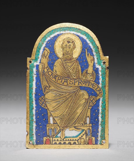 Plaque with Seated Prophet from a Reliquary Shrine: Achapias (Obadiah), c. 1170-1180. Germany, Lower Saxony, Hildesheim, Romanesque period, 12th century. Gilded copper, champlevé enamel; overall: 8.9 x 5.9 x 0.3 cm (3 1/2 x 2 5/16 x 1/8 in.).