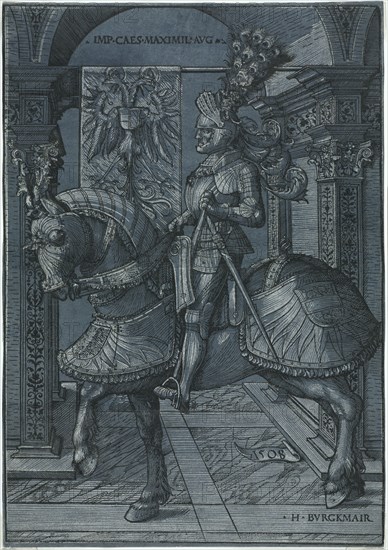 Equestrian Portrait of the Emperor Maximilian, 1508. Hans Burgkmair (German, 1473-1531). Woodcut, in black and white on paper washed blue; sheet: 32.3 x 22.7 cm (12 11/16 x 8 15/16 in.).