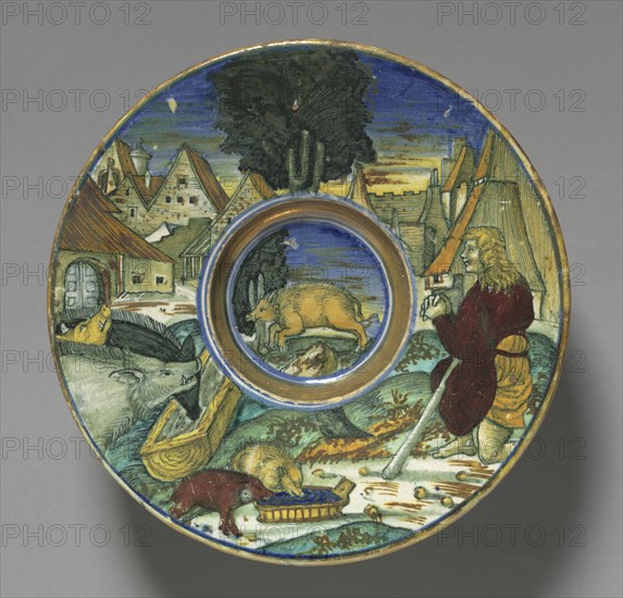 Plate: The Prodigal Son, 1528. Maestro Giorgio Andreoli (Italian, 1465-70-aft 1553). Tin-glazed earthenware with gold and red lustre (maiolica); diameter: 21.2 cm (8 3/8 in.).