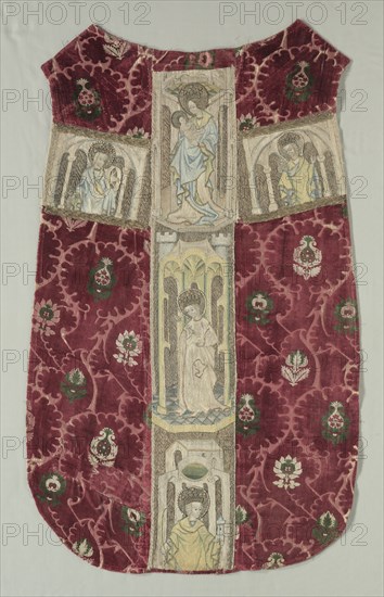 Chasuble Back with Embroidered Orphrey Band, 1415-1425. Italy (chasuble ground); Austria, Graz (orphrey). Polychrome velvet: cut pile and voided; Embroidery: silk, gold and silver thread; split and couching stitches; overall: 119.4 x 74.9 cm (47 x 29 1/2 in.).