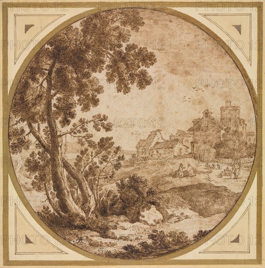 Landscape with Buildings and Figures, second half 1600s(?). Onorio Marinari (Italian, 1627-1715). Pen and brown ink; framing lines in brown ink; sheet: 16.8 x 16.6 cm (6 5/8 x 6 9/16 in.); secondary support: 18.1 x 17.9 cm (7 1/8 x 7 1/16 in.).