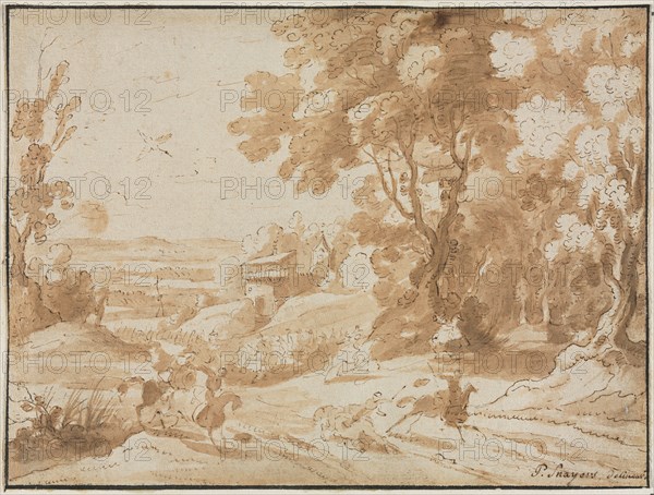 Landscape with Horsemen, 1600s. Flanders, 17th century. Pen and brown ink and brush and brown wash over traces of graphite; framing lines in black ink; sheet: 15.2 x 20.2 cm (6 x 7 15/16 in.); secondary support: 25 x 32.5 cm (9 13/16 x 12 13/16 in.).