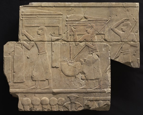 Men Bearing Tomb Equipment, 667-647 BC. Egypt, Thebes, Late Period, Late Dynasty 25 to Early Dynasty 26. Limestone; overall: 47 x 57.9 cm (18 1/2 x 22 13/16 in.).